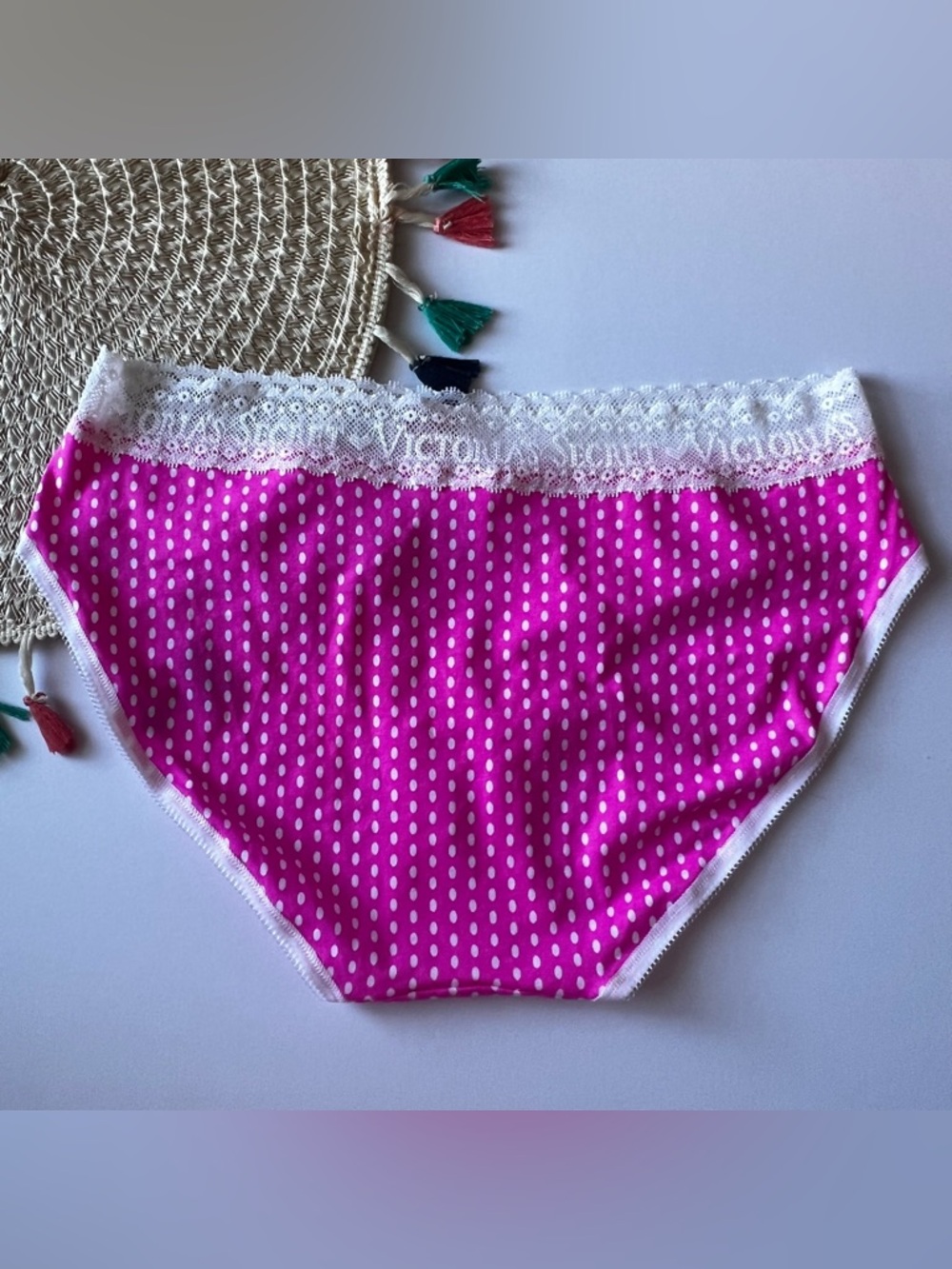 Victoria's Secret Vintage Cotton Lace Wait Brief Pink White Polka Dots M NEW - Picture 3 of 4